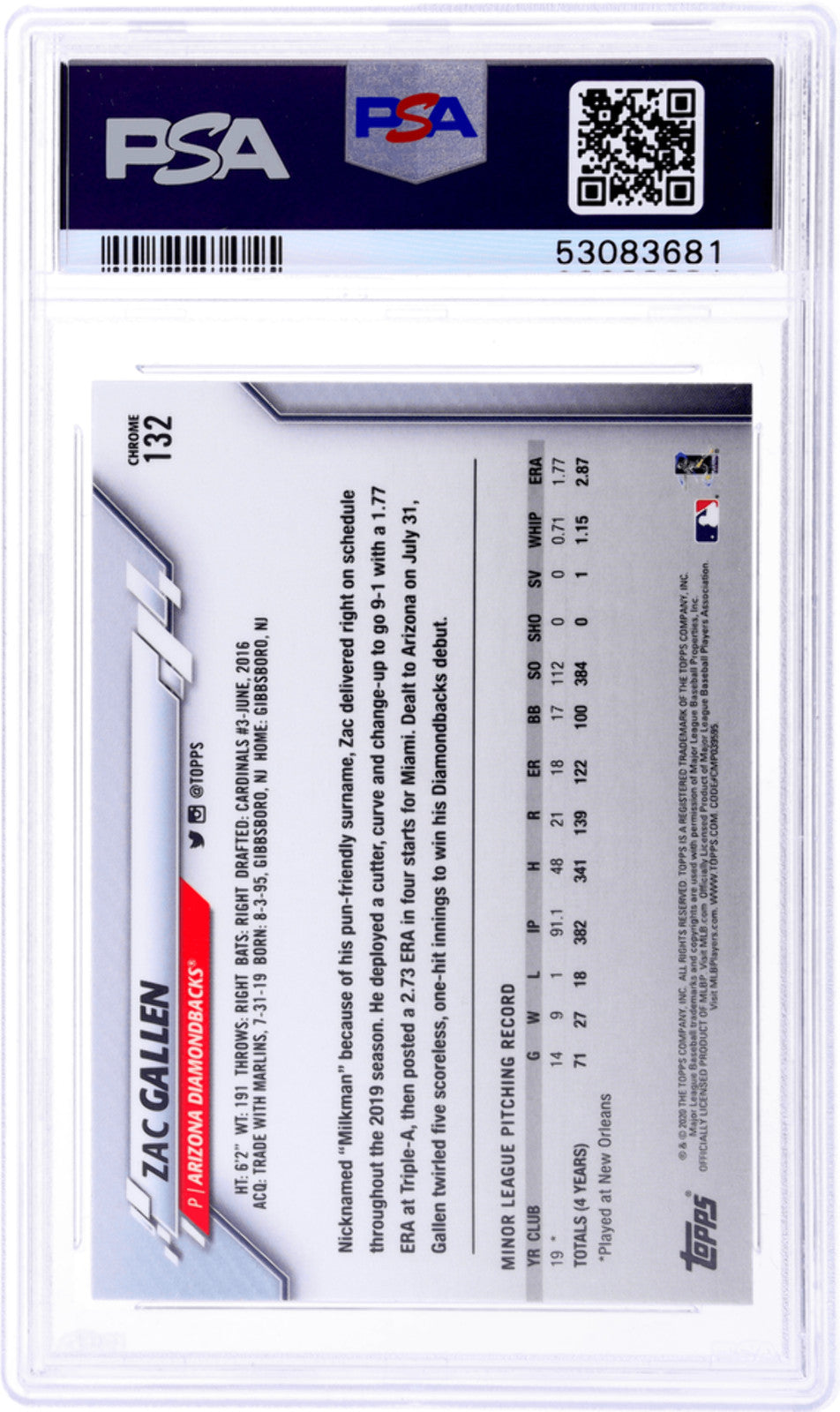 Graded 2020 Topps Chrome Zac Gallen #132 Prism Refractor RC Baseball Card PSA 10