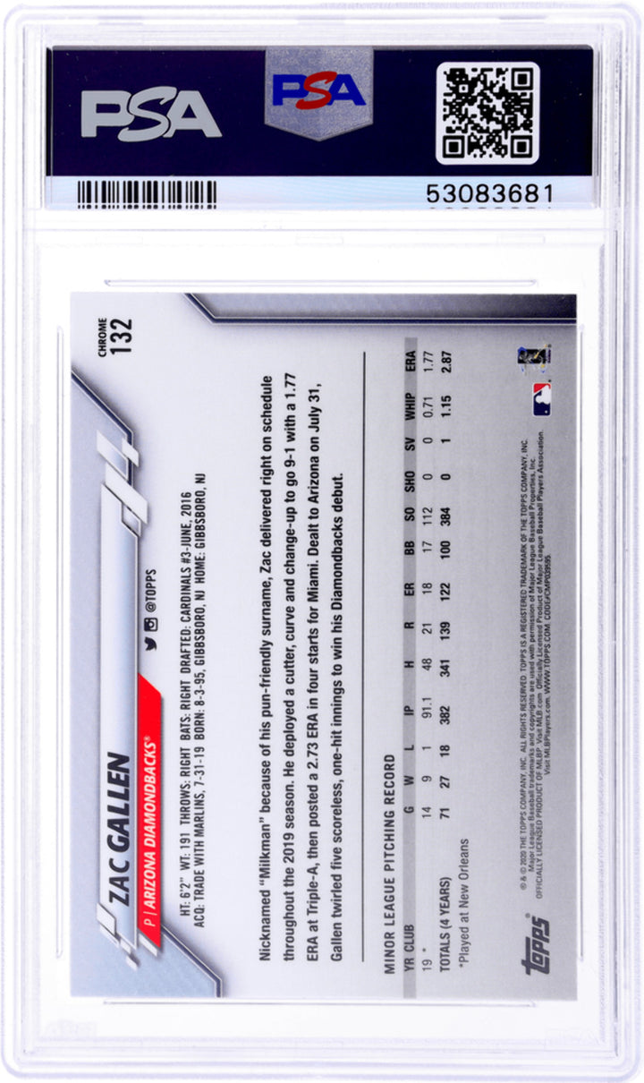 Graded 2020 Topps Chrome Zac Gallen #132 Prism Refractor RC Baseball Card PSA 10