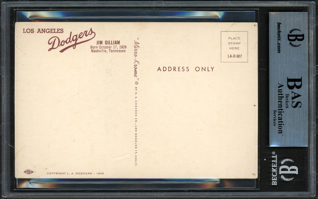 Jim Gilliam Auto Signed 1959 Mirro-Krome Postcard Dodgers (Damaged Sig) Beckett