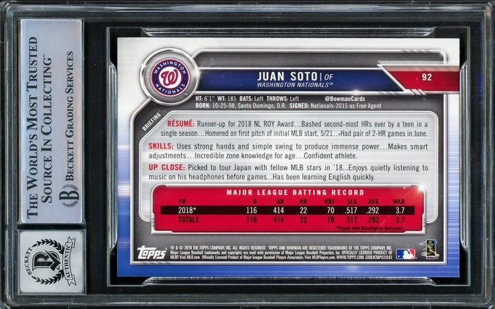 Juan Soto Signed 2019 Bowman Card 92 New York Mets Auto GM 10 Beckett