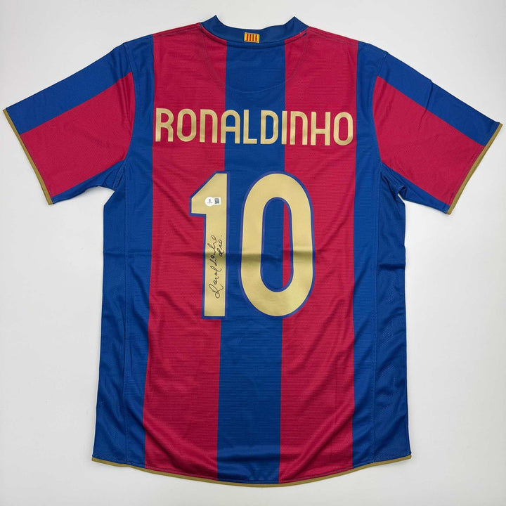 Autographed/Signed Ronaldinho Barcelona Blue/Red Jersey Beckett BAS COA