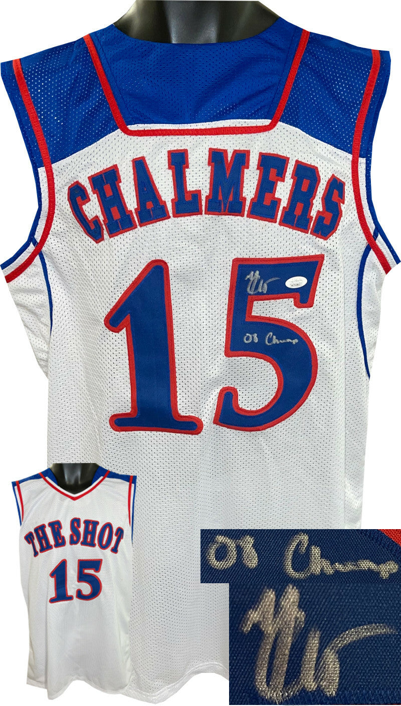 Mario Chalmers signed Kansas The Shot White Custom College Jersey 08 Champs- JSA