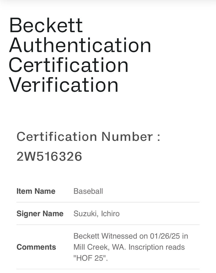 Ichiro Suzuki Signed MLB HOF Logo Baseball Mariners HOF 25 Autograph BAS COA