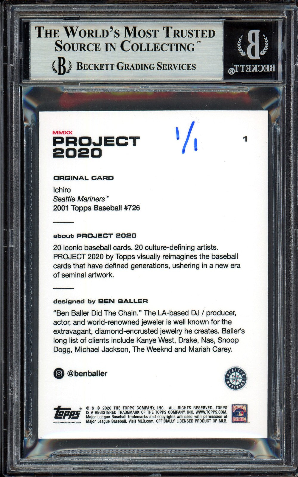 Ichiro Suzuki Auto Topps Project 2020 Ben Baller Card 1 2001 Silver #1/1 Beckett