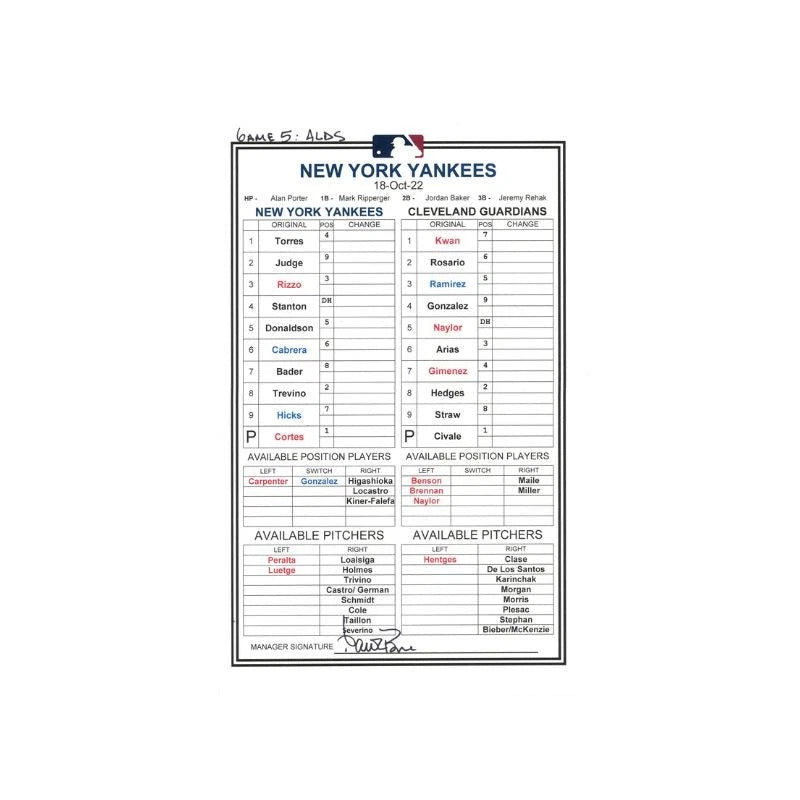 Aaron Boone New York Yankees Autographed October 18, 2022 Pregame Manager Lineup Card for ALDS Game 5 vs. Cleveland Guardians (Boone LOA)