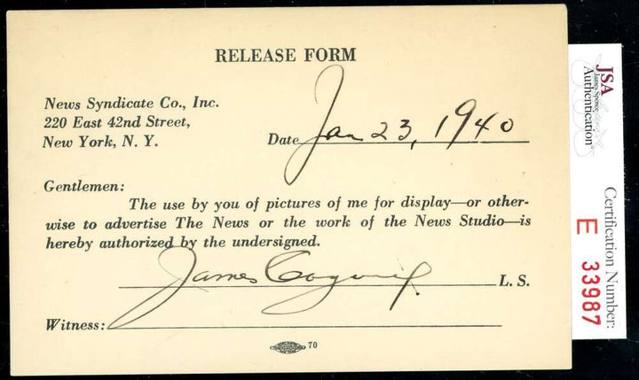 James Jimmy Cagney JSA Coa Signed 1940 Release Form Autograph