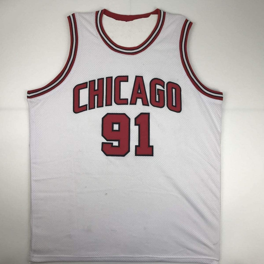 Autographed/Signed DENNIS RODMAN Chicago White Jersey JSA COA Auto
