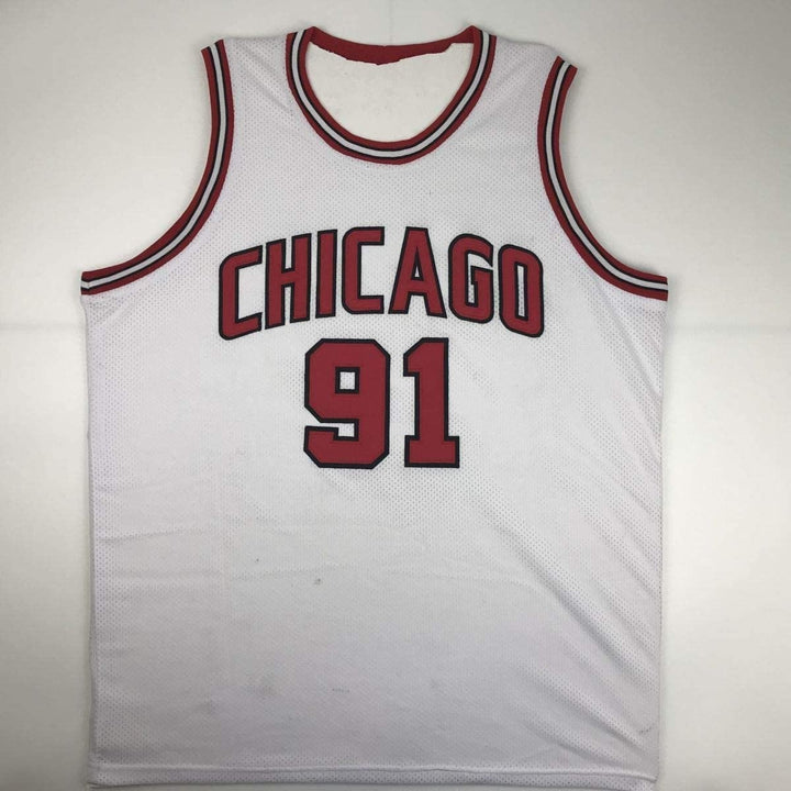 Autographed/Signed DENNIS RODMAN Chicago White Jersey JSA COA Auto