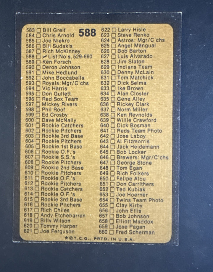 1973 Topps Set Break Baseball Checklist: 529-660 #588 NM Sharp Clean
