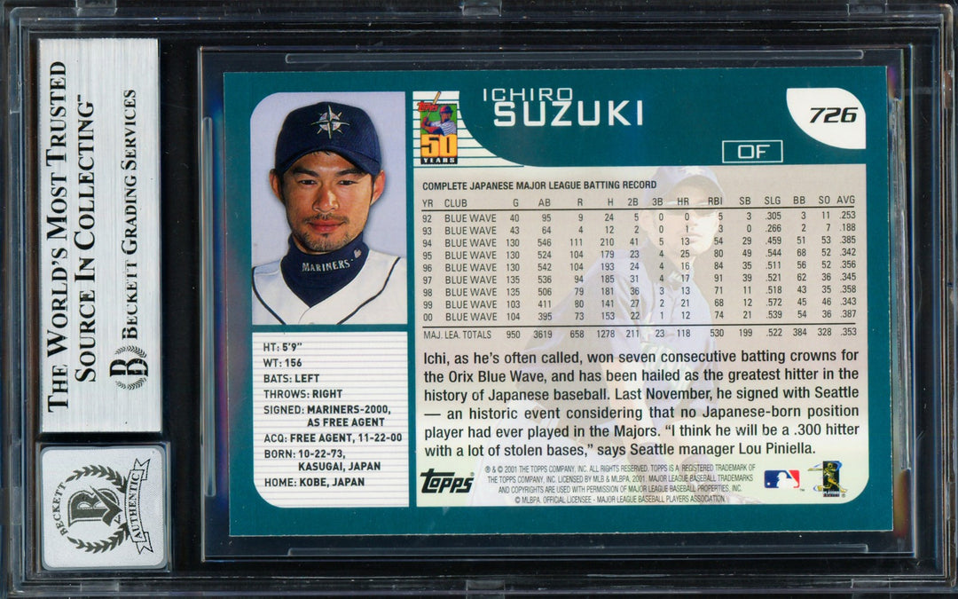 Ichiro Suzuki Signed 2001 Topps RC 726 Seattle Mariners Auto GM 10 Beckett