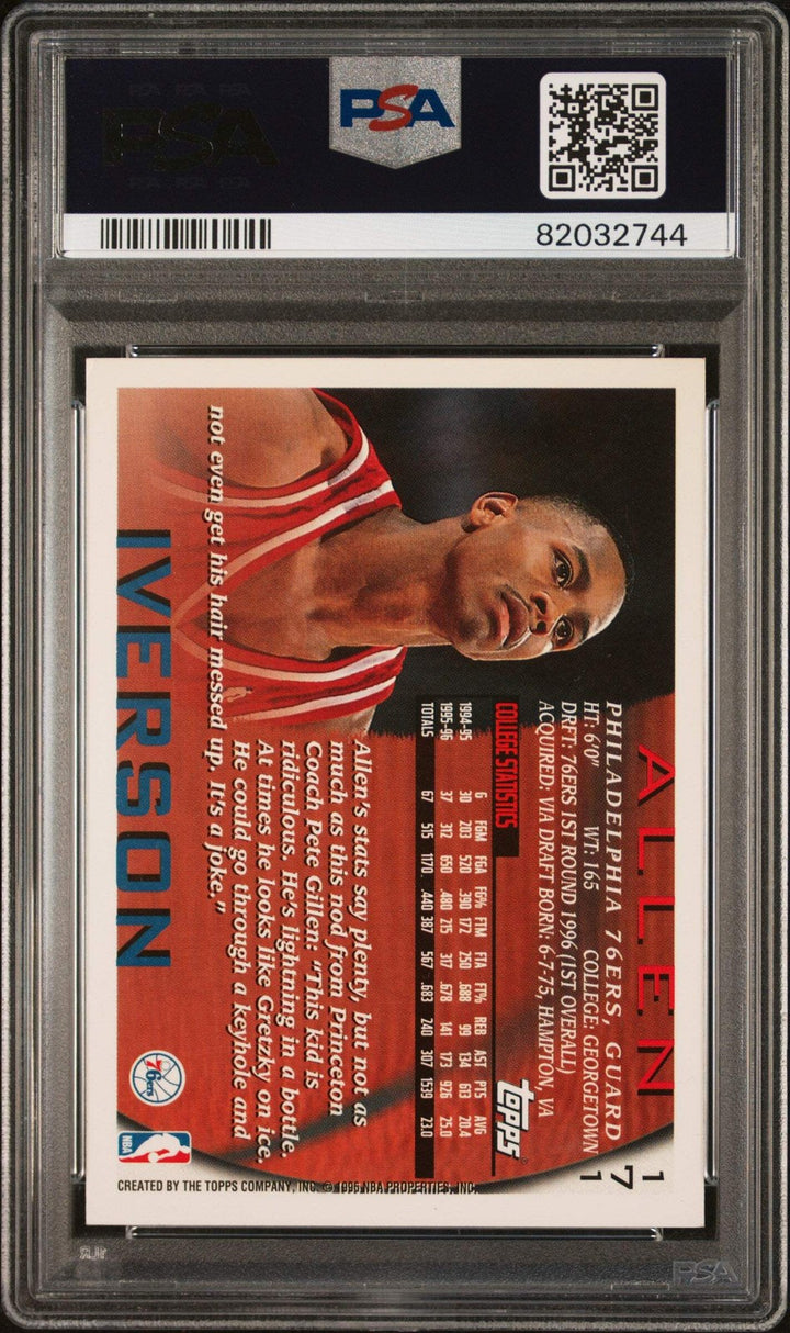 Graded 1996 Topps Allen Iverson #171 Rookie RC Card PSA 10 Auto Grade Gem Mint
