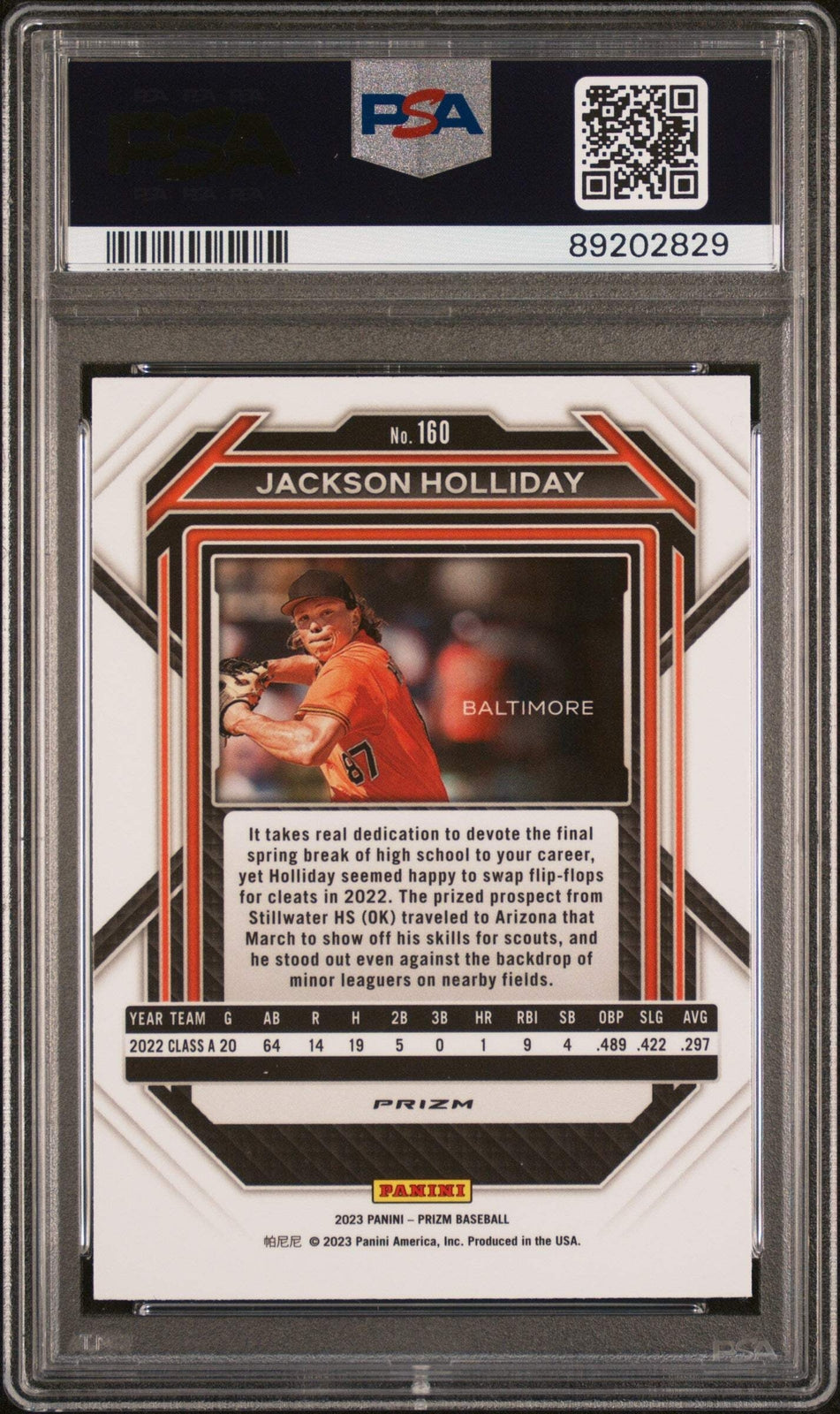 Graded 2023 Panini Prizm Jackson Holliday #160 Blue Ice RC Baseball Card PSA 10