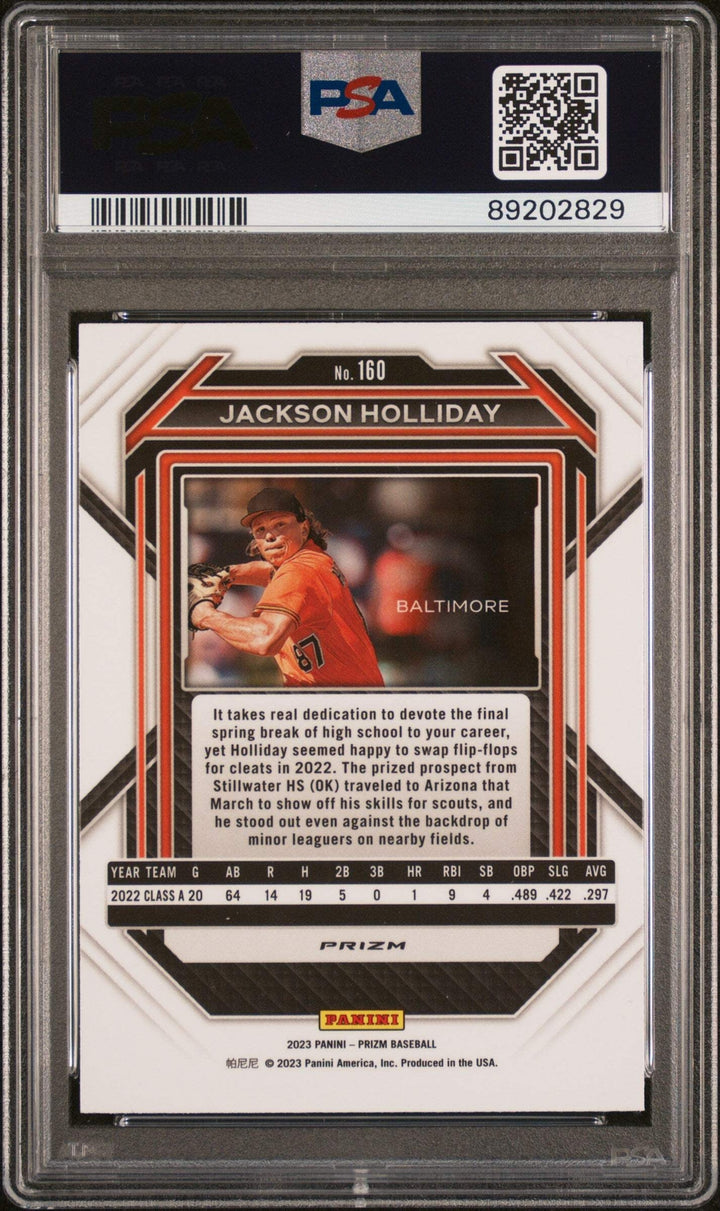 Graded 2023 Panini Prizm Jackson Holliday #160 Blue Ice RC Baseball Card PSA 10
