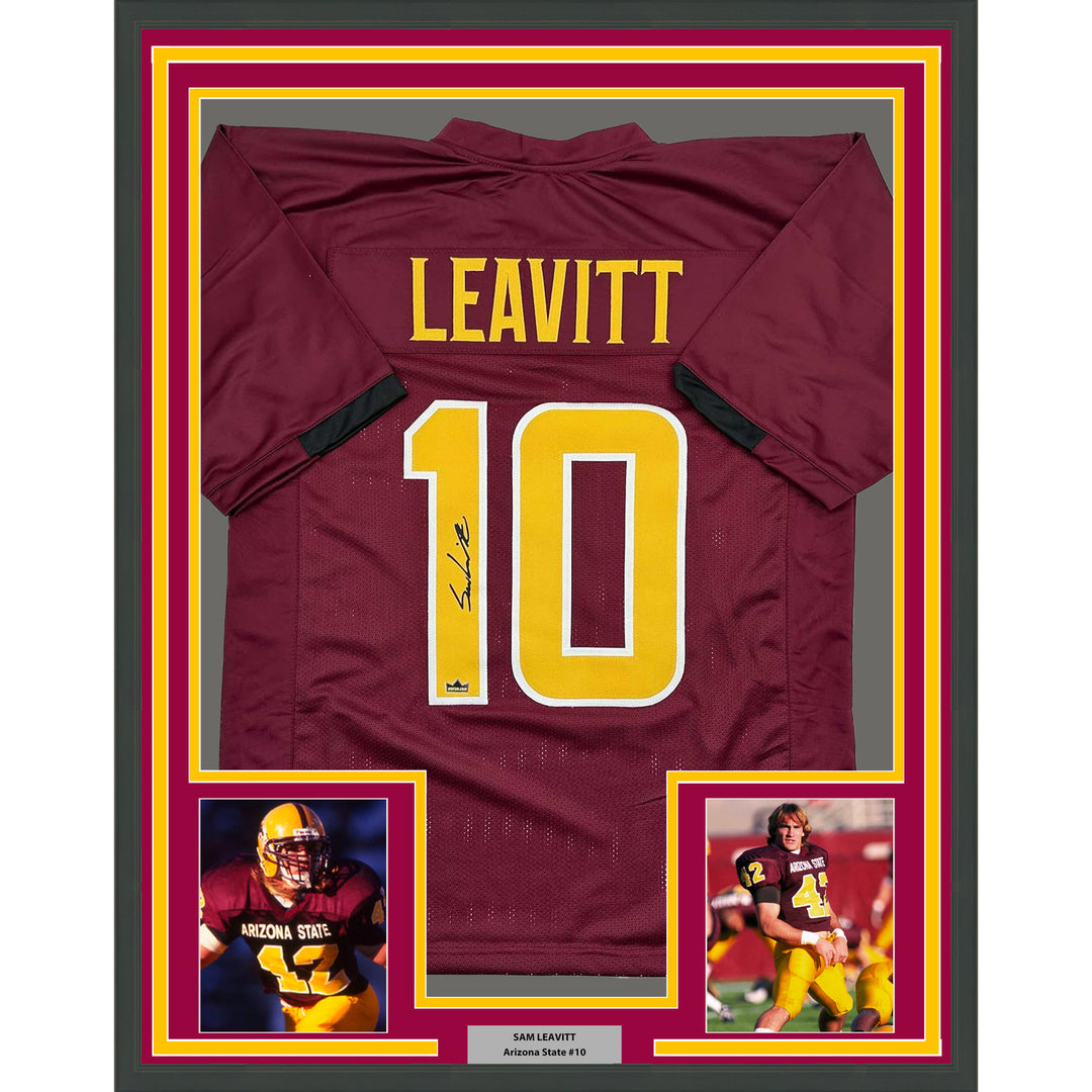 Framed Facsimile Autographed Sam Leavitt 35x39 Red Reprint Laser Auto Jersey