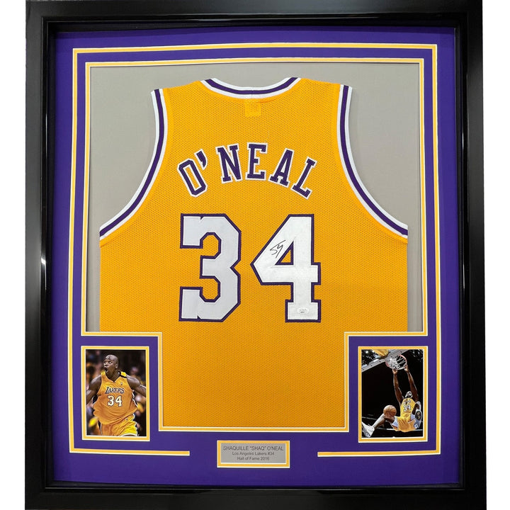 FRAMED Autographed/Signed SHAQUILLE SHAQ O'NEAL 33x42 LA Yellow Jersey COA