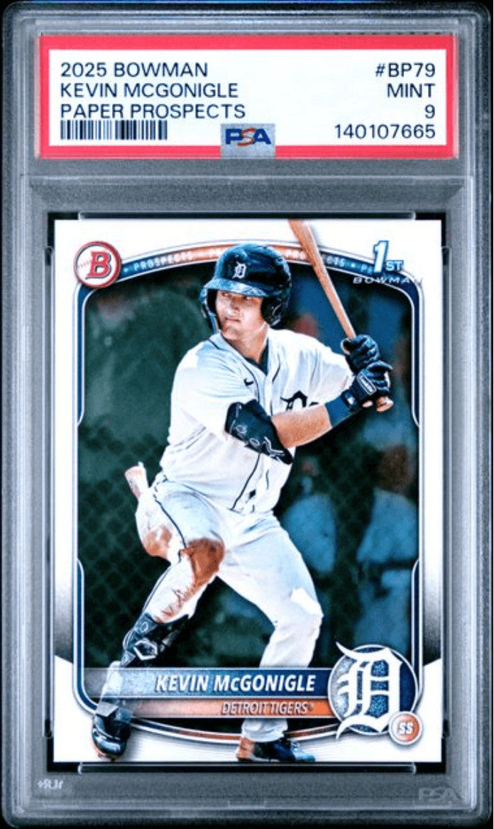 Graded 2025 Bowman Kevin McGonigle #BP79 Paper Prospects RC Card PSA 9