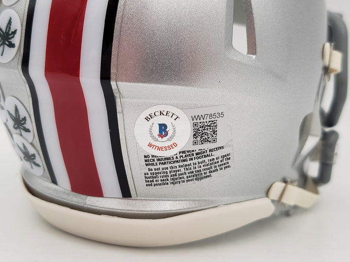 Denzel Burke Signed Ohio State Buckeyes Silver Speed Mini Helmet Beckett