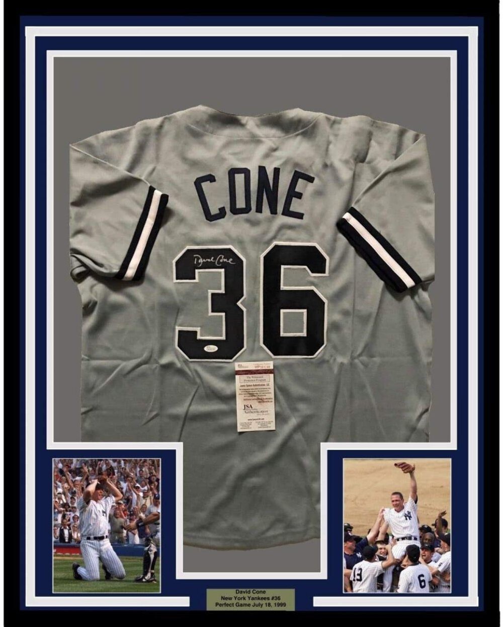 FRAMED Autographed/Signed DAVID CONE 33x42 New York Grey Baseball Jersey JSA COA