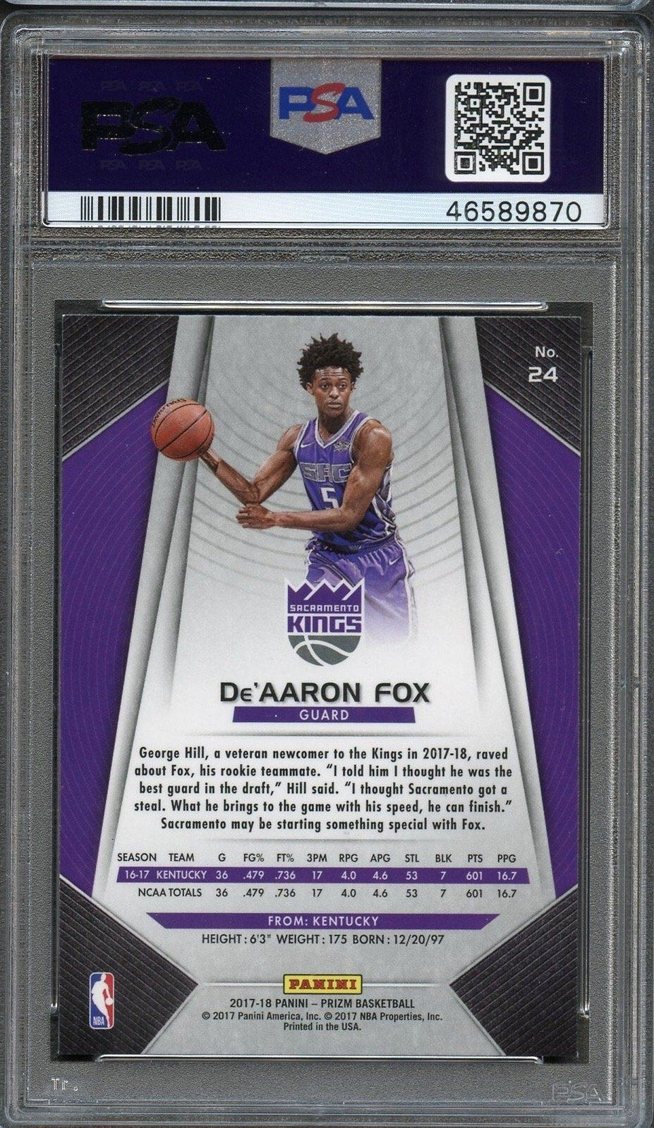 2017 Panini Prizm #24 DeAaron Fox PSA 9 Mint RC