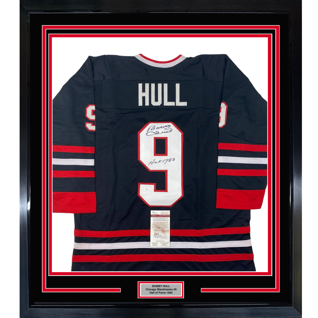 Framed Autographed/Signed Bobby Hull HOF 1983 33x42 Chicago Black Jersey JSA COA