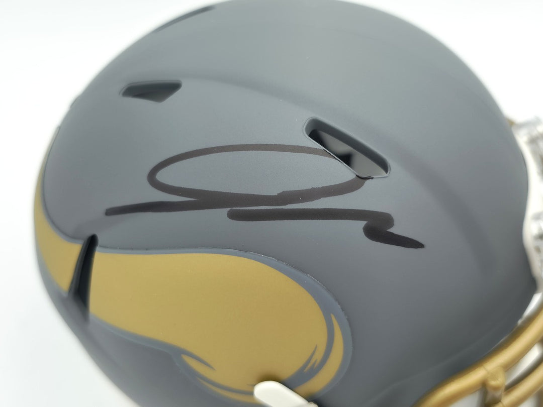 Jordan Addison Signed Vikings Slate Silver Speed Mini Helmet (In Black) Beckett