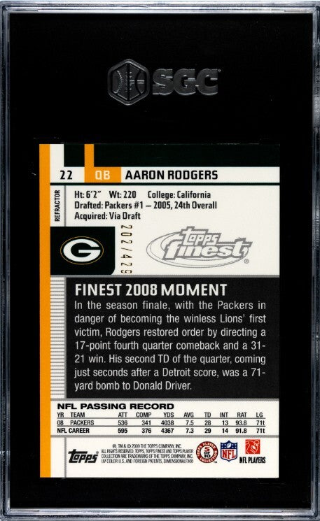 Aaron Rodgers 2009 Topps Finest Blue Refractor Card #22-/429- SGC Graded 9 Mint