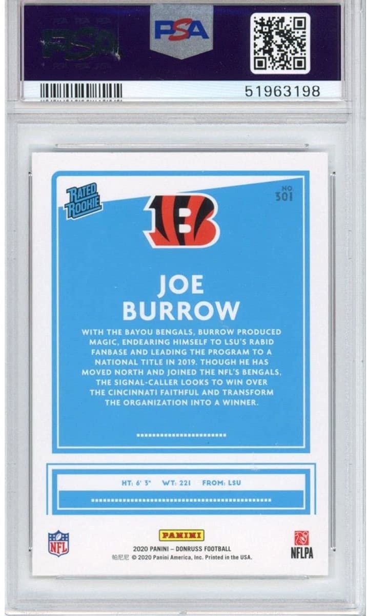 Graded 2020 Panini Donruss JOE BURROW #301 Rookie Card PSA 10 Gem Mint