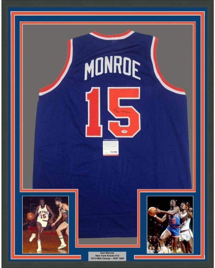 FRAMED Autographed/Signed EARL MONROE 33x42 New York Blue Jersey PSA/DNA COA