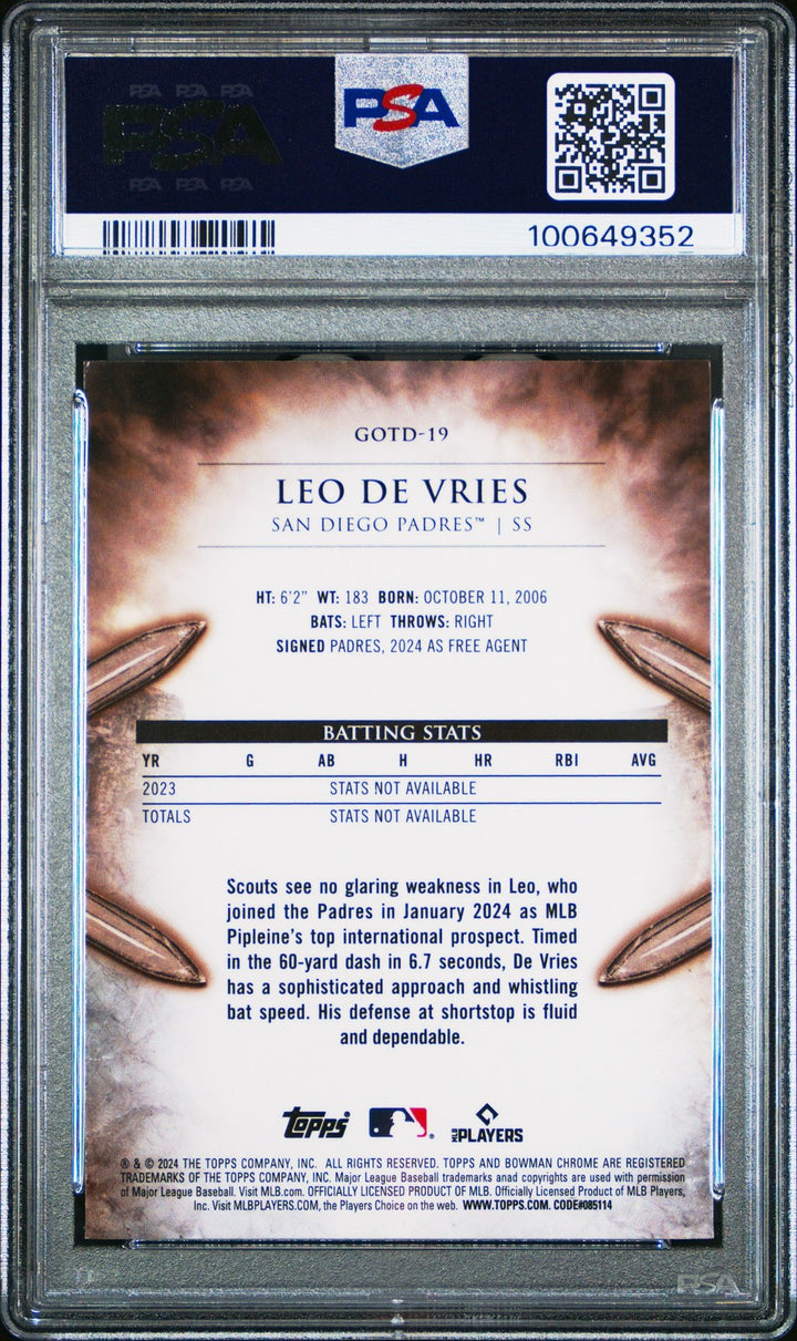 Graded 2024 Topps Bowman Chrome Leo De Vries #19 RC Baseball Card PSA 10