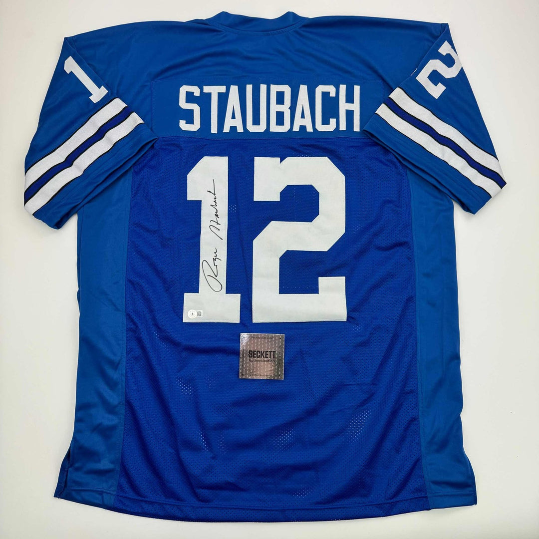 Autographed/Signed Roger Staubach Dallas Blue Jersey Beckett BAS COA