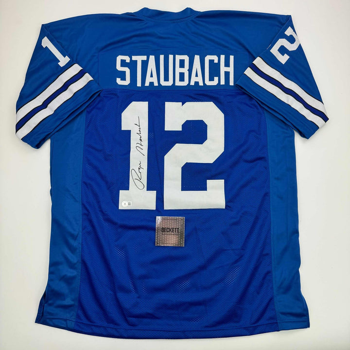 Autographed/Signed Roger Staubach Dallas Blue Jersey Beckett BAS COA