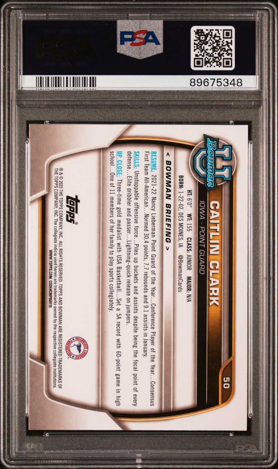 Graded 2022 Bowman University Caitlin Clark #50 Rookie RC Card PSA 10