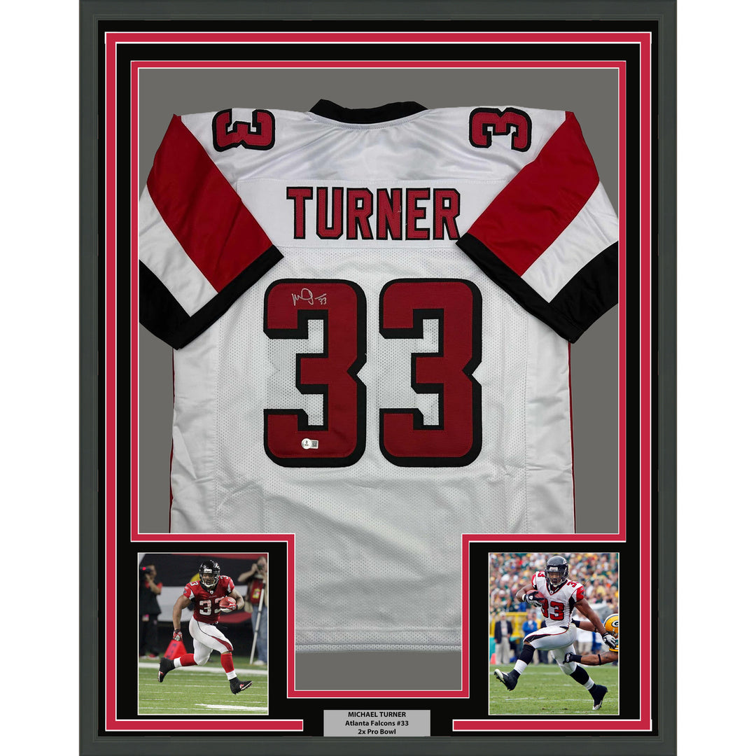 Framed Autographed/Signed Michael Turner 35x39 Atlanta White Jersey Beckett COA