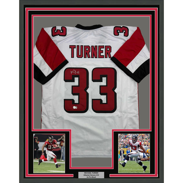 Framed Autographed/Signed Michael Turner 35x39 Atlanta White Jersey Beckett COA