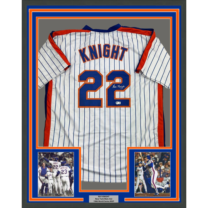 Framed Autographed/Signed Ray Knight 35x39 New York Pinstripe Jersey COA