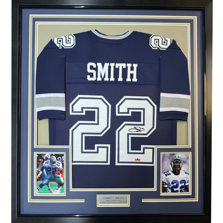 Framed Facsimile Autographed Emmitt Smith 33x42 Blue Reprint Laser Auto Jersey