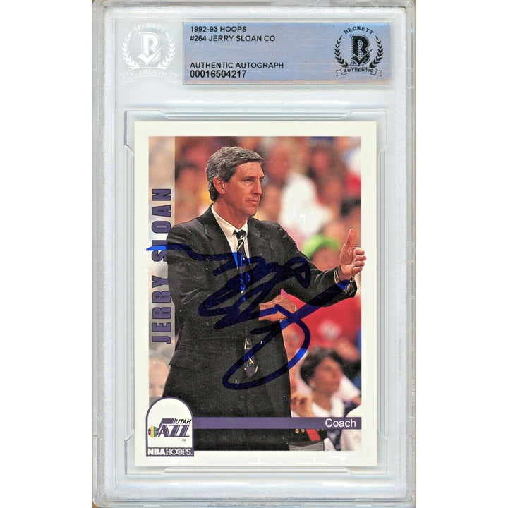 Jerry Sloan Utah Jazz Signed 1992-93 NBA Hoops Basketball Card BAS Auth Auto Slab