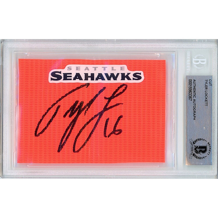 Footballs- Autographed- Tyler Lockett Seattle Seahawks Signed Football End Zone Pylon Signature Cut Beckett Authentic Auto Slab Front