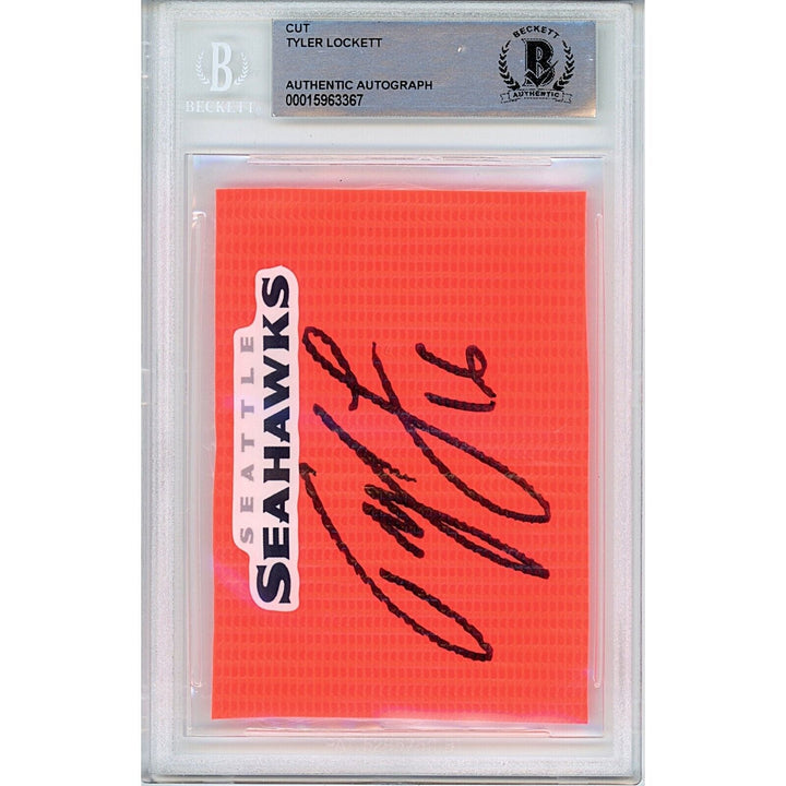 Footballs- Autographed- Tyler Lockett Seattle Seahawks Signed Football End Zone Pylon Signature Cut Beckett Authenticated Auto Slab Front