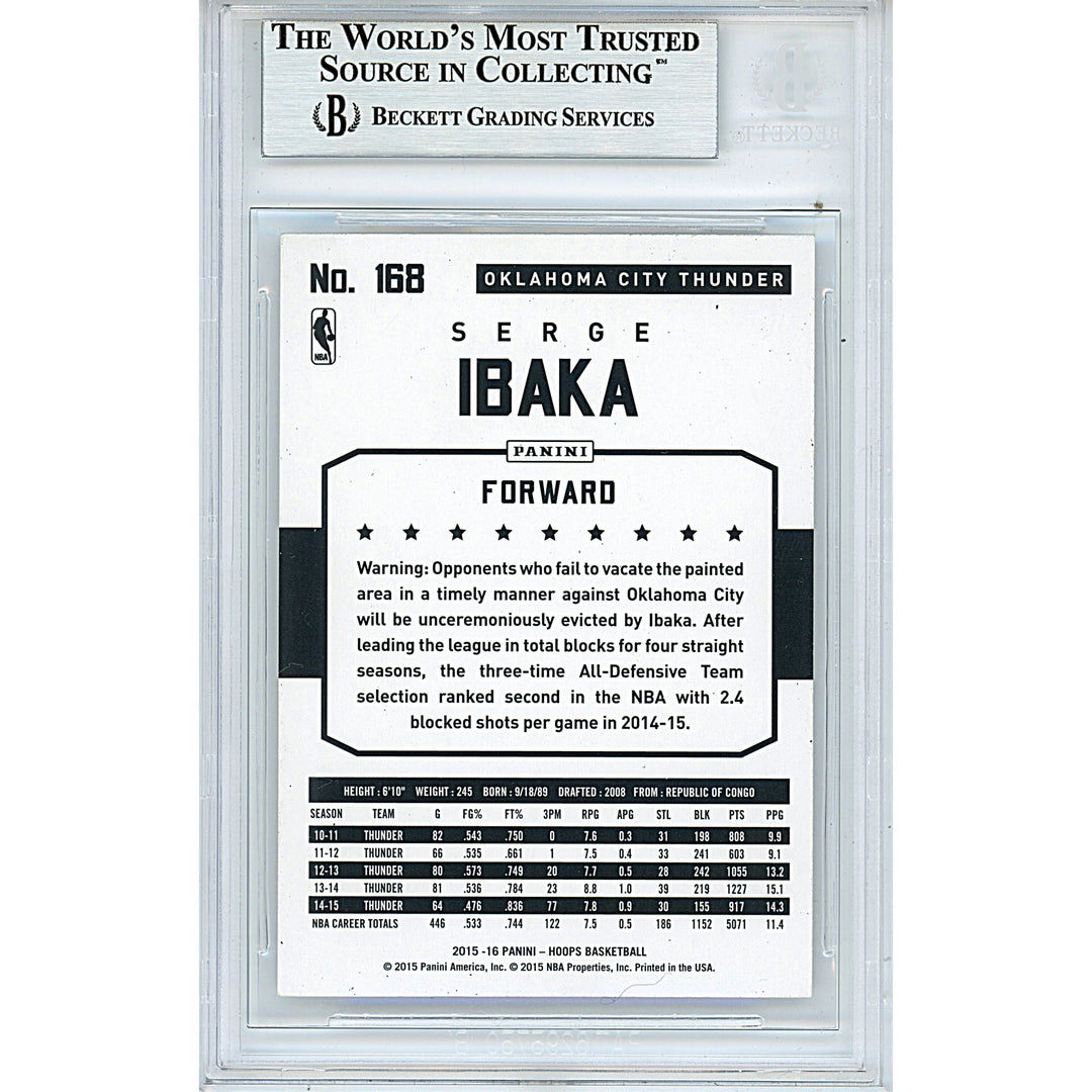 Serge Ibaka Signed Oklahoma City Thunder 2015-16 Hoops Basketball Card Beckett Slab