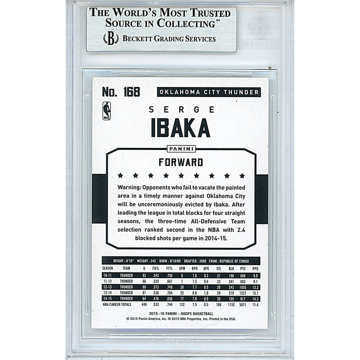 Serge Ibaka Signed Oklahoma City Thunder 2015-16 Hoops Basketball Card Beckett Slab