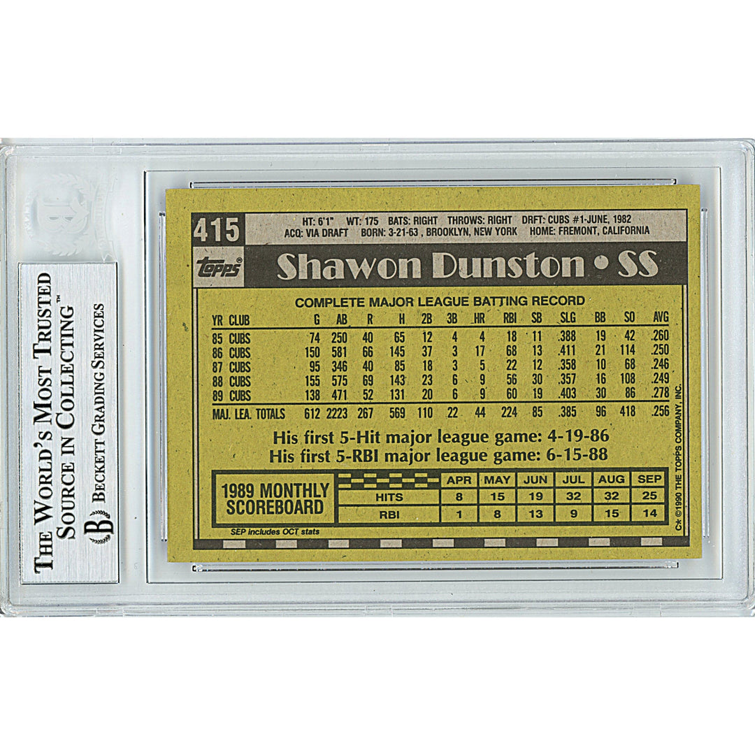 Shawon Dunston Signed Chicago Cubs 1990 Topps Baseball Card Beckett Authentic Auto Slab