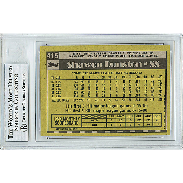 Shawon Dunston Signed Chicago Cubs 1990 Topps Baseball Card Beckett Authentic Auto Slab