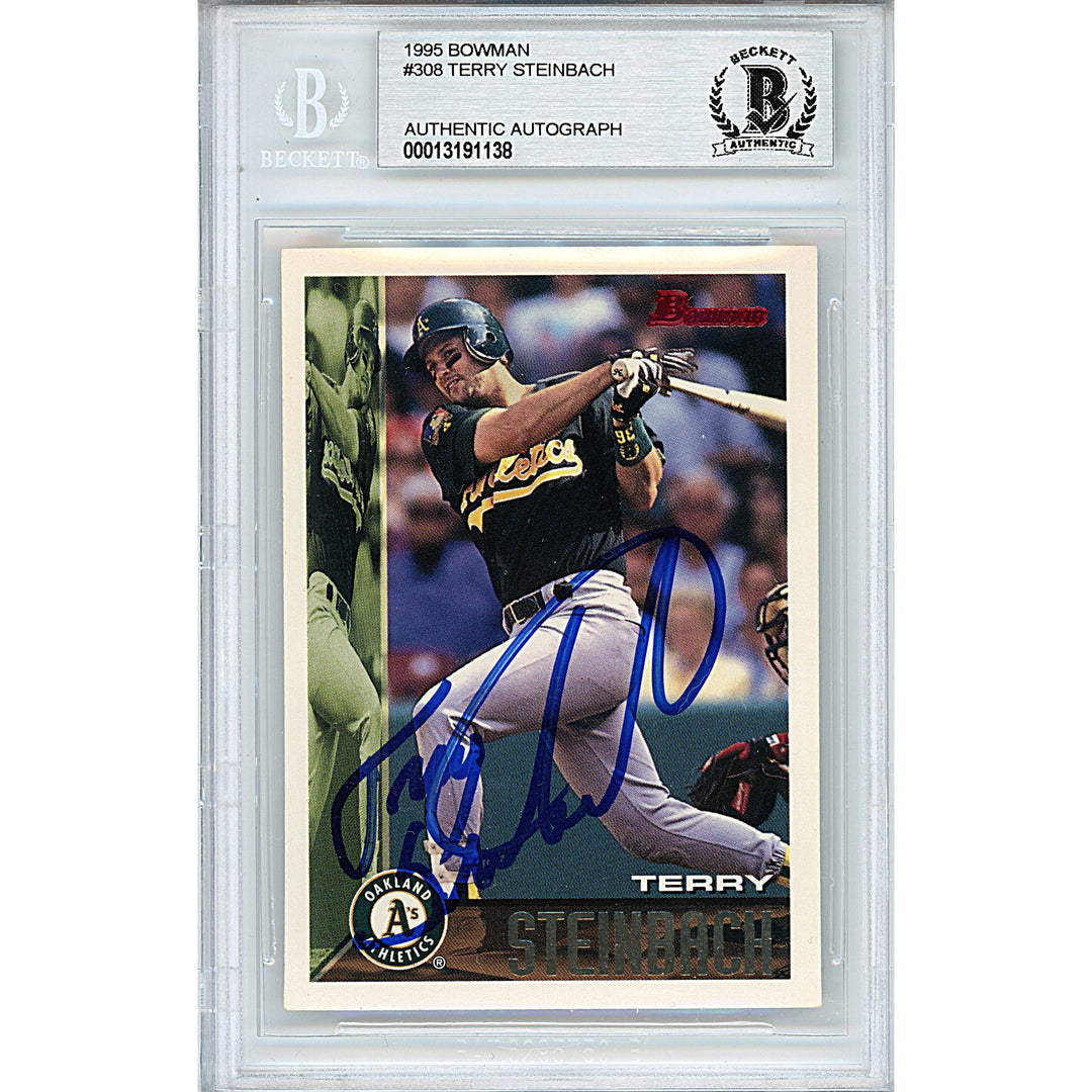 Terry Steinbach Signed Oakland Athletics 1995 Bowman Baseball Card Beckett Auth Slab