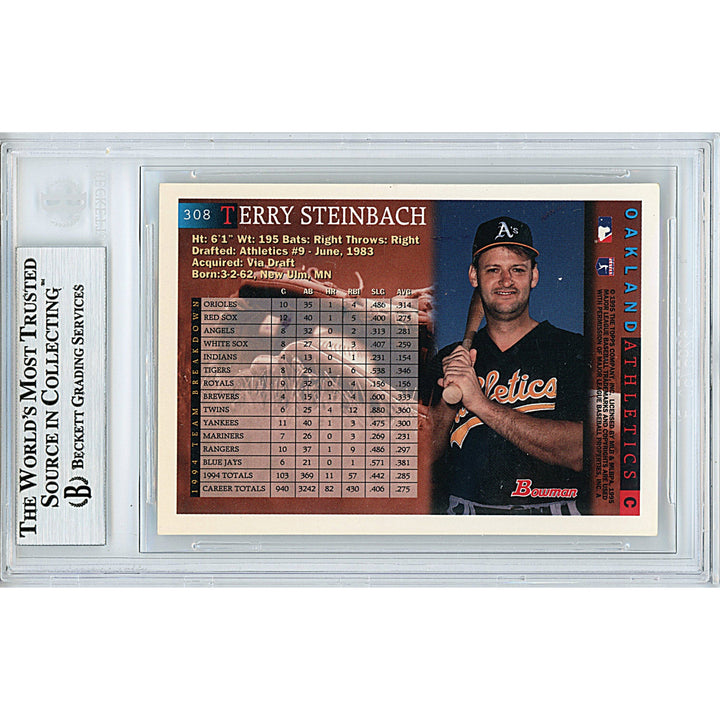 Terry Steinbach Signed Oakland Athletics 1995 Bowman Baseball Card Beckett Auth Slab