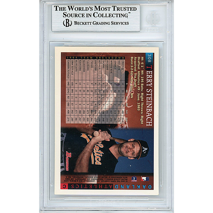 Terry Steinbach Signed Oakland Athletics 1995 Bowman Baseball Card Beckett Auth Slab