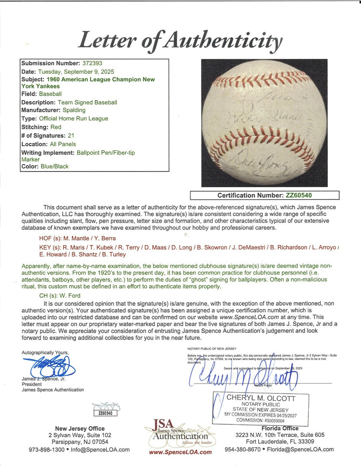 1960 New York Yankees Multi Signed Spalding Baseball (JSA LOA)