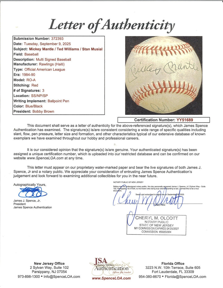 Mantle Williams Musial Autographed Rawlings OAL Baseball (JSA LOA)