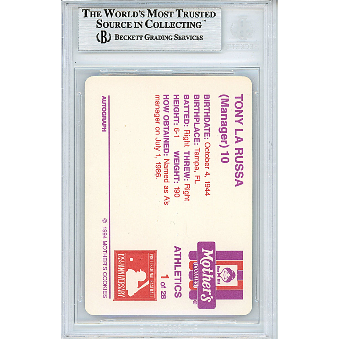 Tony LaRussa Signed Oakland Athletics 1994 Mothers Baseball Card Beckett Auth Auto Slab