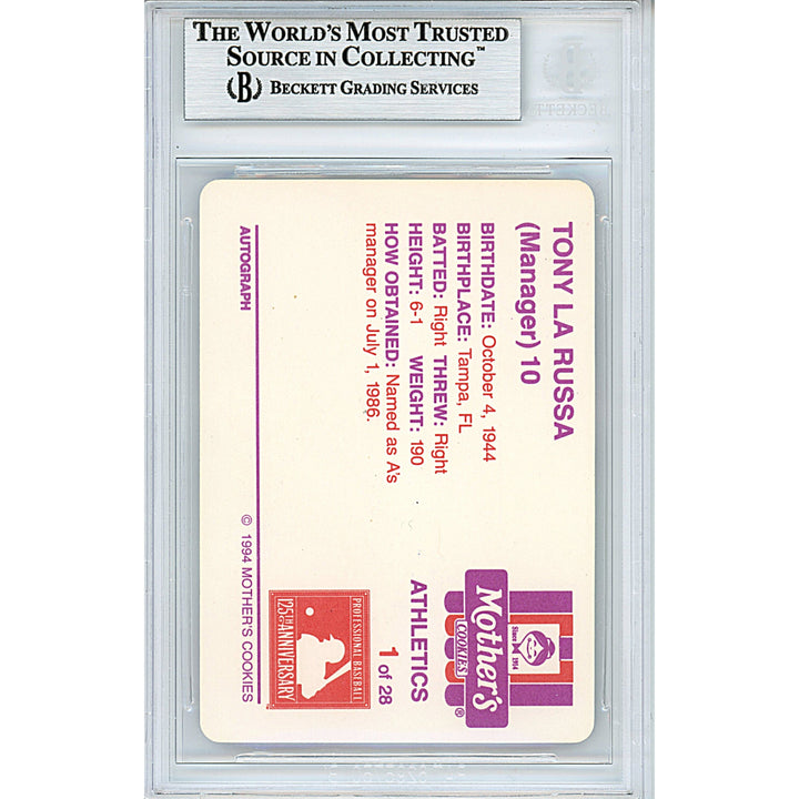 Tony LaRussa Signed Oakland Athletics 1994 Mothers Baseball Card Beckett Auth Auto Slab